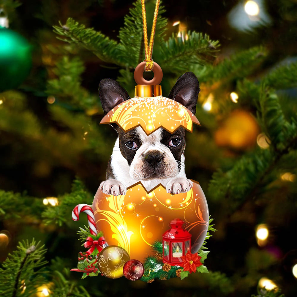 BRINDLE Boston Terrier In Kerst Gouden Ei Ornament