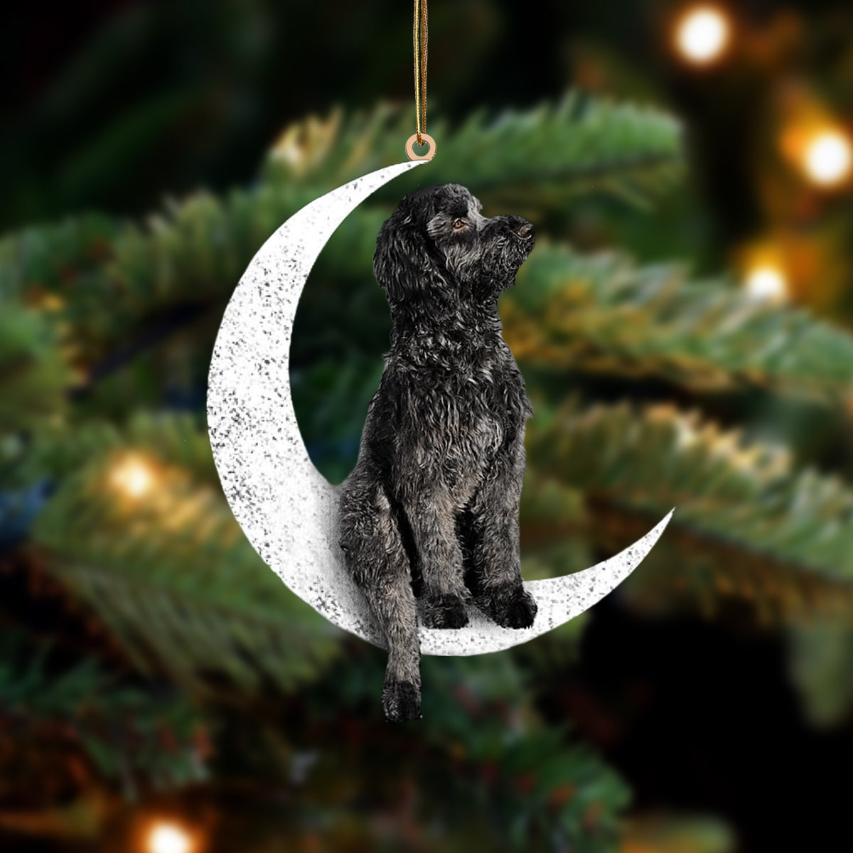 Zwart Goldendoodle Zit op de Maan Ornament