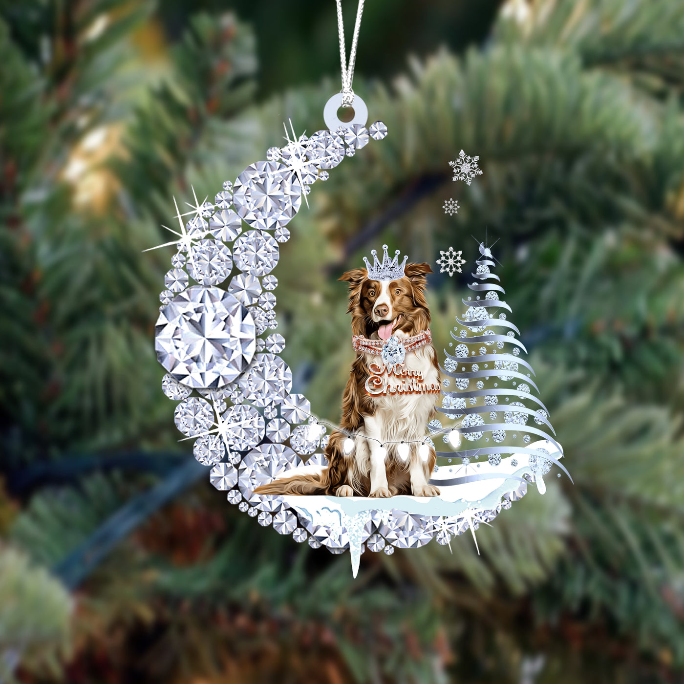 Border Collie (4)op Diamand Maan Kerst Ornament