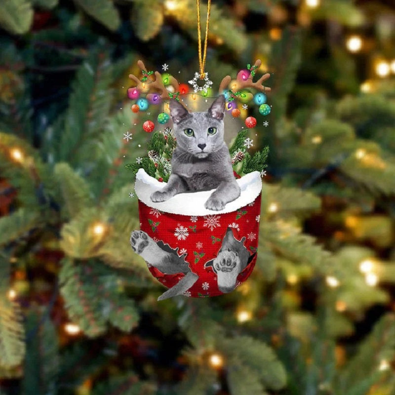 Russian Blue Kat In Sneeuw Zak Ornament