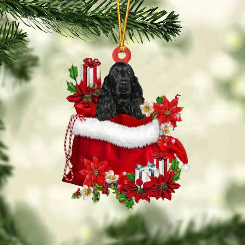 Zwart Cocker Spaniel In Cadeauzakje Kerstornament