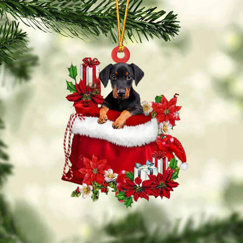 Doberman In Cadeauzakje Kerstornament