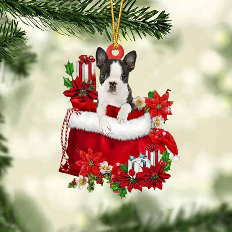 Boston Terrier In Cadeauzakje Kerstornament