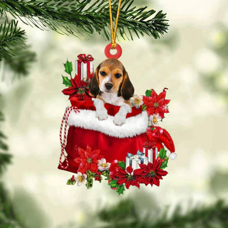 Beagle In Cadeauzakje Kerstornament