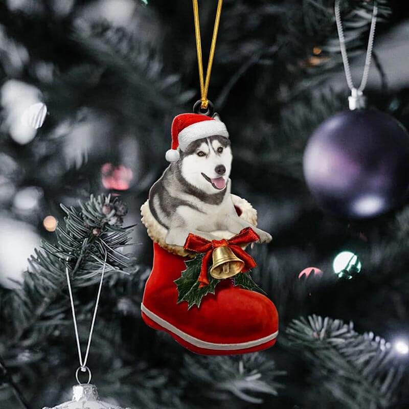 Grey Husky in Kerstschoen Ornament