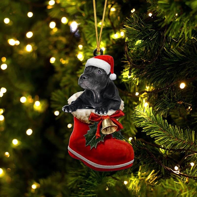 Zwart Pitbull in Kerstschoen Ornament