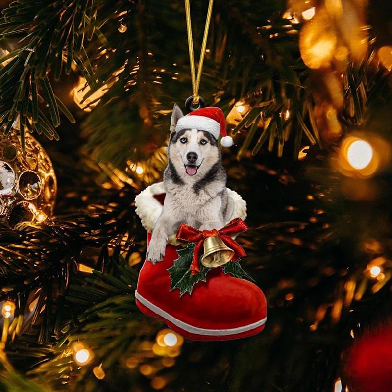 Wit Husky in Kerstschoen Ornament