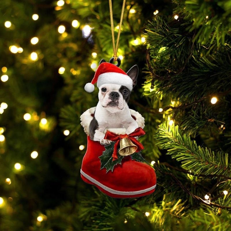 Boston Terrier in Kerstschoen Ornament