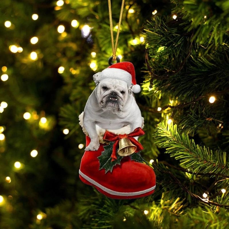 English Bulldog Wit in Kerstschoen Ornament