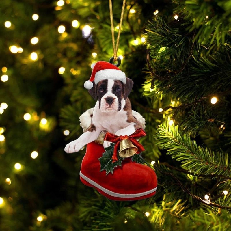 Boxer Wit in Kerstschoen Ornament