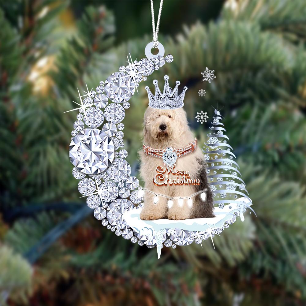 Old English Sheepdog op Diamand Maan Kerst Ornament