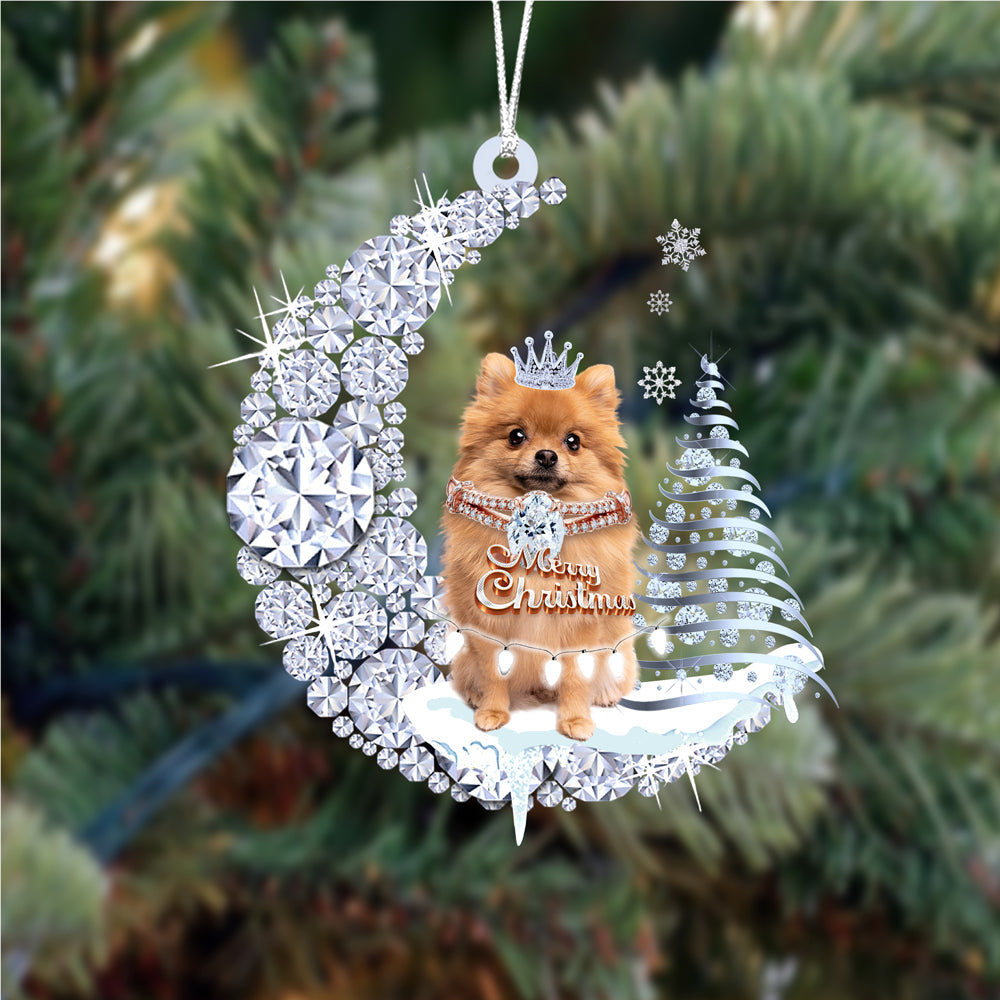 Pomeranian op Diamand Maan Kerst Ornament