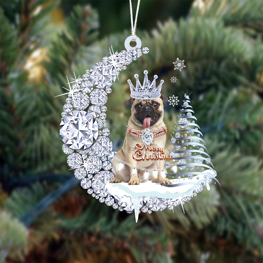 Pug Mops op Diamand Maan Kerst Ornament