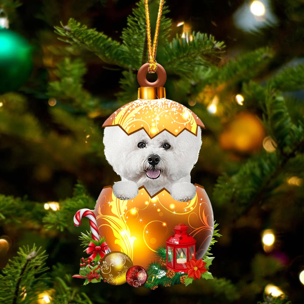 Wit Bichon Frise In Kerst Gouden Ei Ornament