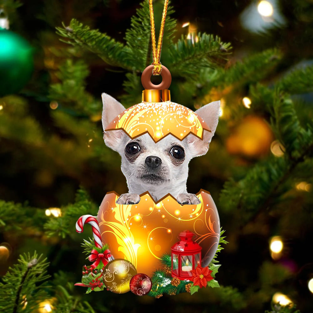 Wit Chihuahua In Kerst Gouden Ei Ornament