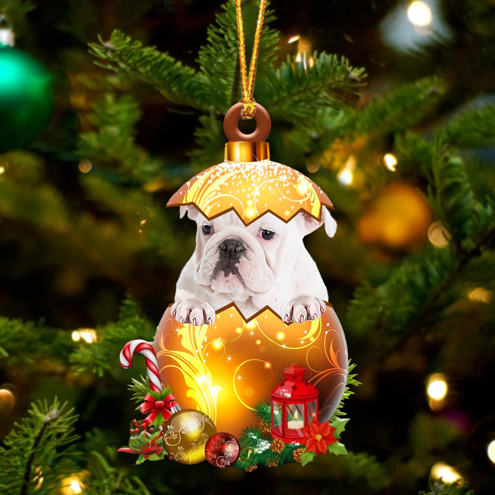 Wit English Bulldog In Kerst Gouden Ei Ornament