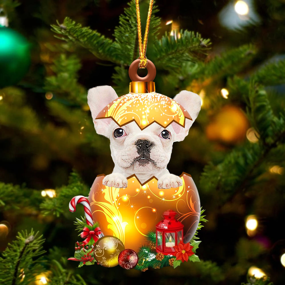 Wit French Bulldog In Kerst Gouden Ei Ornament