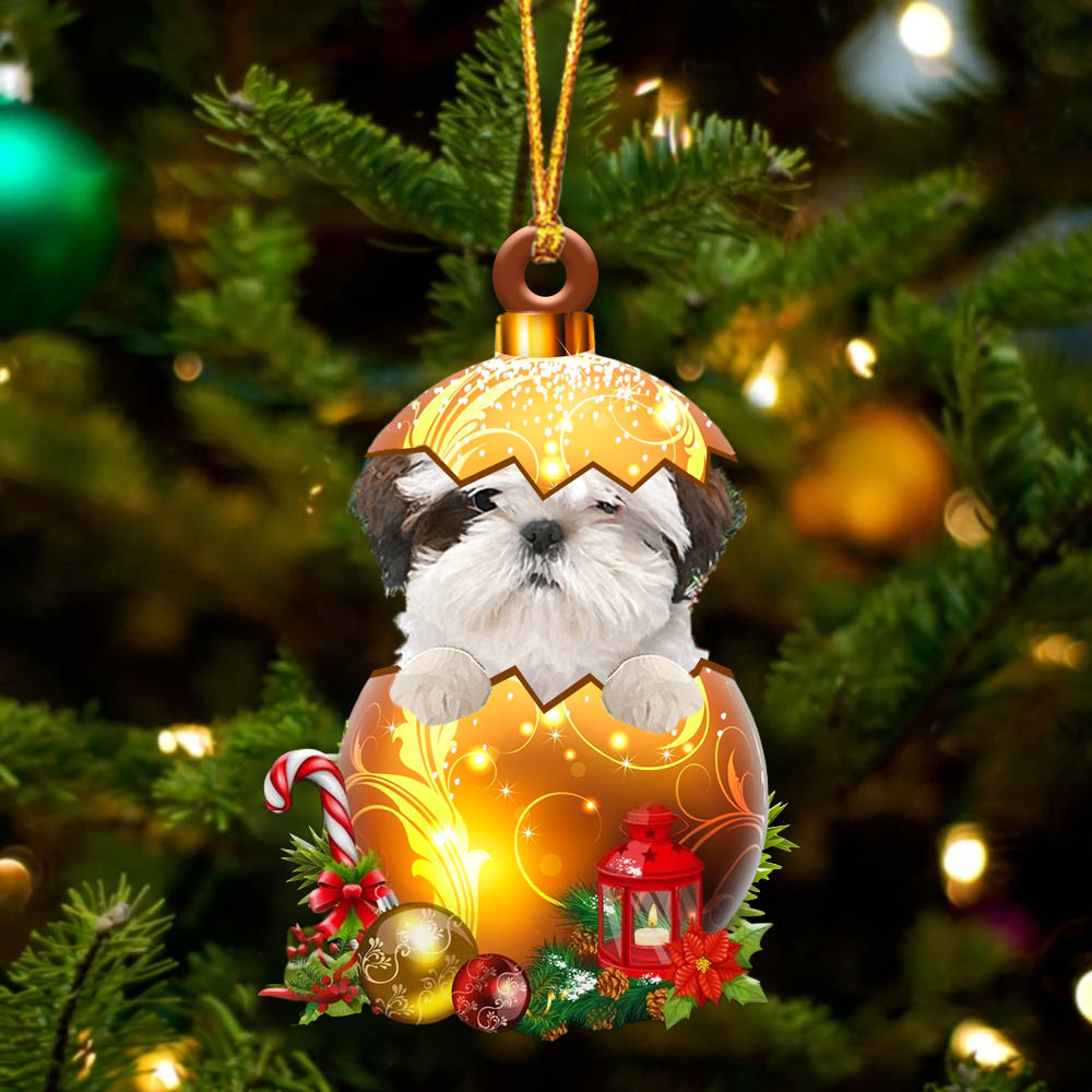 Wit Shih Tzu In Kerst Gouden Ei Ornament