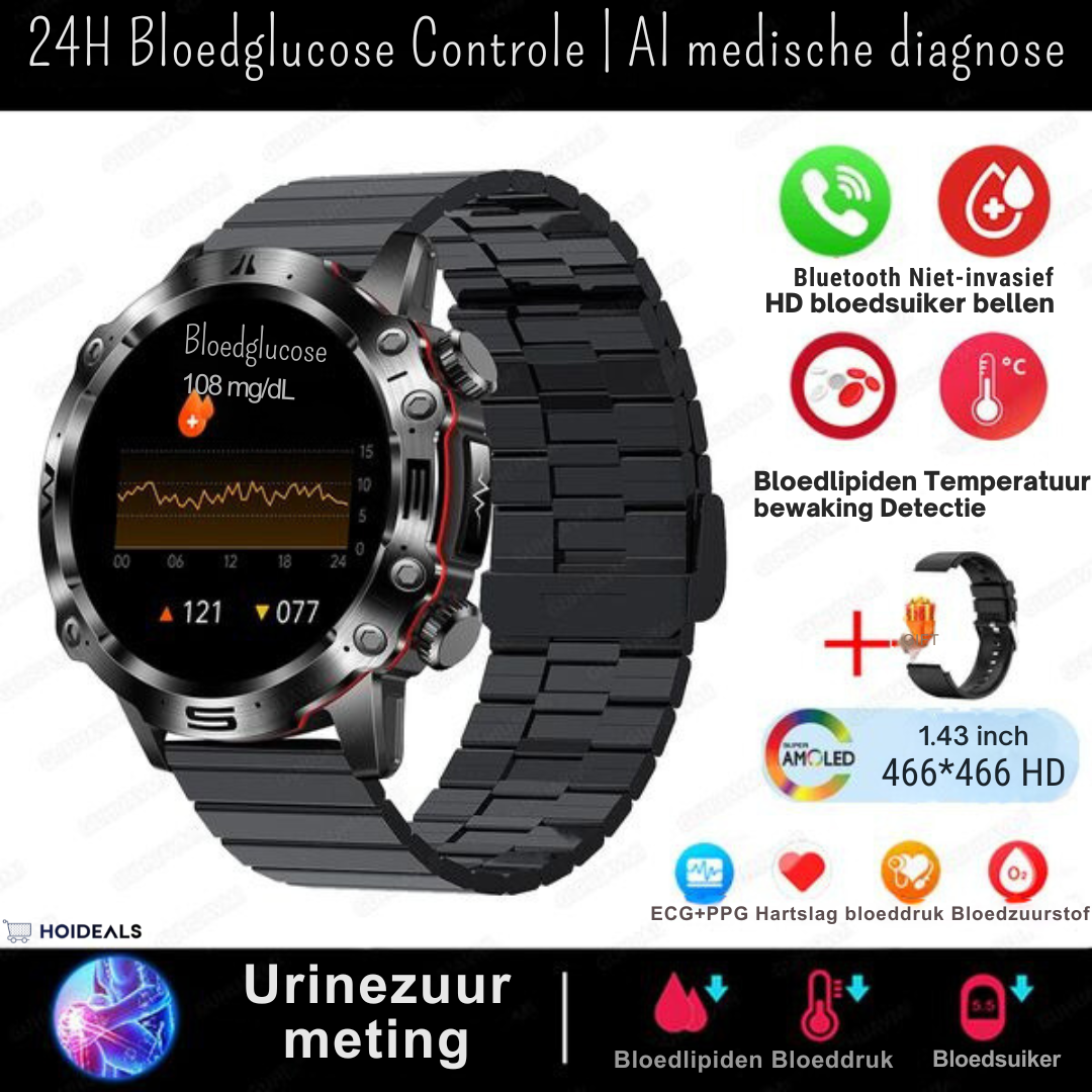 AI Medische Diagnose Smart Horloge - 2024 Nieuw Bloed Lipiden Urinezuur Bloedglucose horloge - ECG + PPG Fitness Tracker