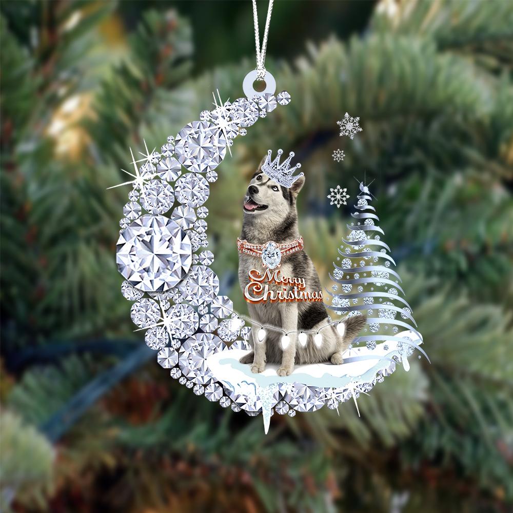 Husky op Diamand Maan Kerst Ornament