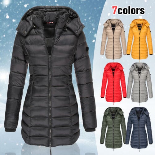 Halflange gewatteerde winterjas voor dames, eenkleurig, warm jack met capuchon