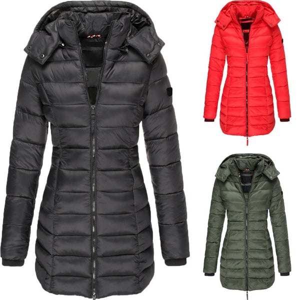 Halflange gewatteerde winterjas voor dames, eenkleurig, warm jack met capuchon