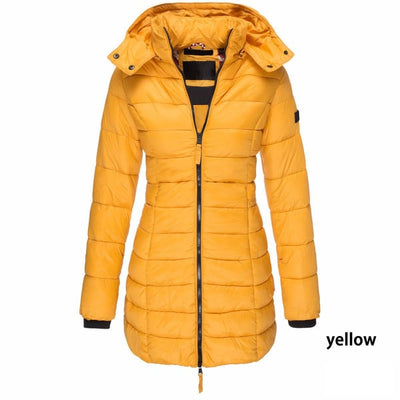 Halflange gewatteerde winterjas voor dames, eenkleurig, warm jack met capuchon